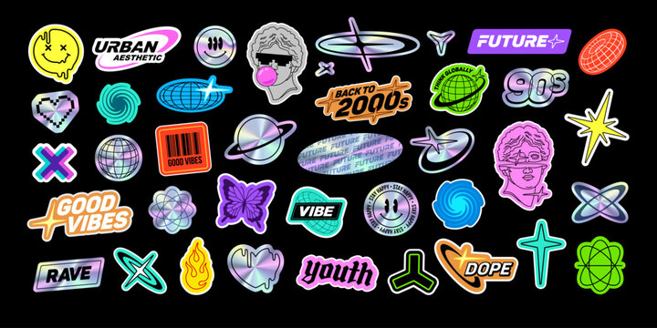 Retro y2k logotypes and holographic stickers collection for clothes print design. Vintage futuristic sticker set in Techno Rave style. Nostalgia 90s - 2000s apparel signs and pins