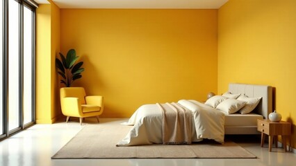 Modern Bedroom Interior Design with Mustard Yellow Walls and Neutral Bedding
