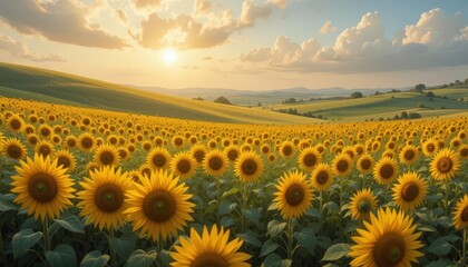 Obraz premium A digitally painted sunflower meadow with high detail, fantasy lighting effects, and rolling grassy plains.