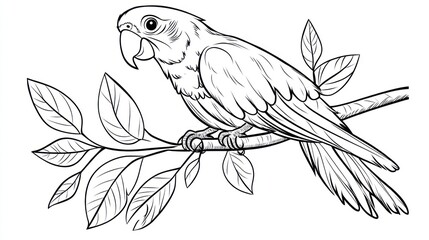 Fototapeta premium Parrot on Branch, Line Art, Nature