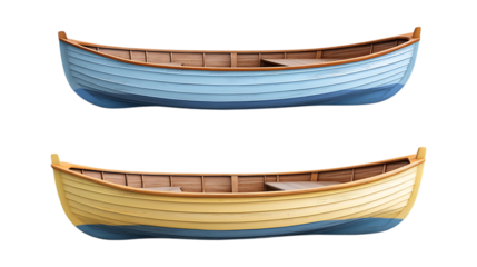 A pair of classic small wooden rowboats, painted blue and yellow, are positioned together, isolated on a clean transparent background for