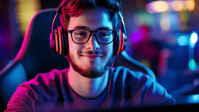 Young man with glasses, beard and gaming headphones, smiles while sitting in a neon gaming background.
