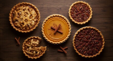 Overhead View of Assorted Pies on Wooden Table AI Generated