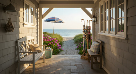 Fototapeta premium Peaceful Coastal Cottage Breezeway with Bench and Ocean View at Dawn