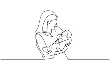One continuous single drawing line art flat doodle mother breastfeeding baby, One Continuous Line Drawing of Happy Family Concept. Minimalist Vector Illustration in Simple Linear Style.