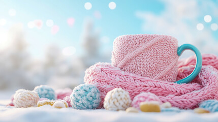 Winter warmth: a cozy mug with a pink knitted cover and scarf amidst snowballs on a crisp winter day.