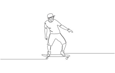 One single line drawing of young skateboarder man exercise riding skateboard, Man playing skateboard continuous one line drawing. Skateboard player single line art illustration. 