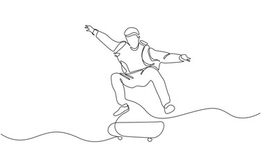 One single line drawing of young skateboarder man exercise riding skateboard, Man playing skateboard continuous one line drawing. Skateboard player single line art illustration. 