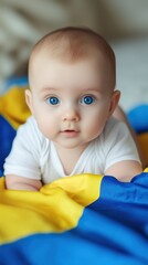 Baby with blue eyes resting on colorful blanket during peaceful indoor moment