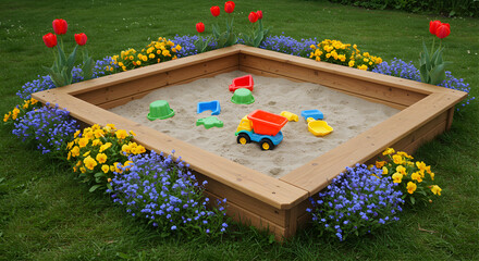 Child's Sandbox Bordered With Blooming Perennials in a Backyard Setting