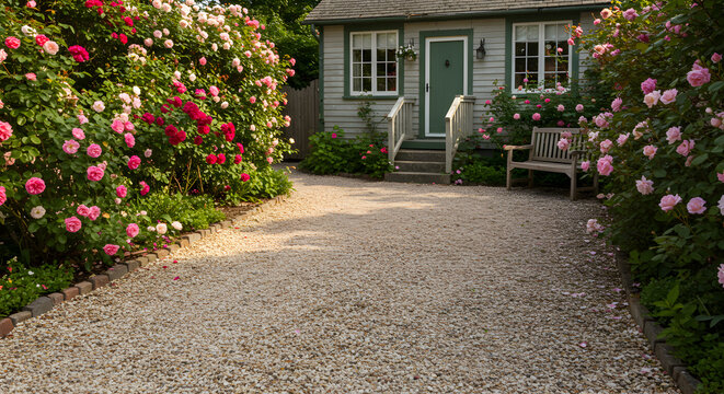 Charming Cottage Driveway Lined With Crushed Shells And Blooming Roses