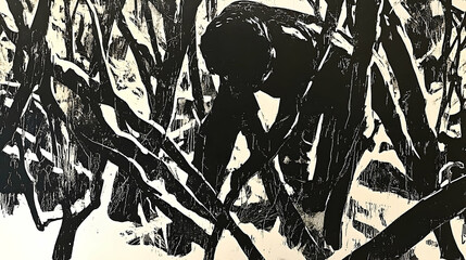 A monochromatic print depicting a human figure amongst trees