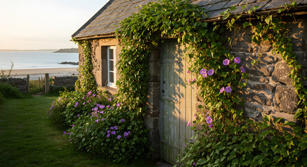 Obraz premium Picturesque Coastal Cottage Doorway Enveloped in Ivy and Morning Glories