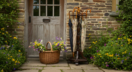 Charming Cottage Entryway with Woven Basket and Vintage Umbrella Stand