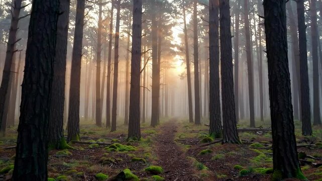 Sentier forestier baign&eacute; de brume au lever du soleil, lumi&egrave;re dor&eacute;e traversant les arbres dans une ambiance paisible et naturelle, atmosph&egrave;re de for&ecirc;t calme et inspirante