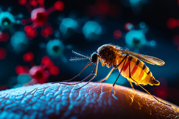 close up of mosquito biting human skin, showcasing intricate details of insect and skin texture, with blurred background of virus like particles