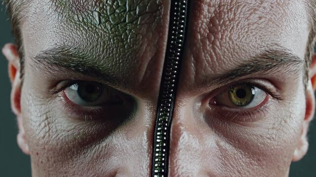 Close-up of a man unzipping his face, revealing two contrasting personalities, one natural and the other with green makeup, symbolizing hidden identities and duality