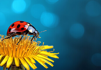 vibrant ladybug perched on bright yellow flower, showcasing its striking red and black colors against soft blue background. This captures beauty of nature and delicate details of insect