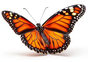 Obraz premium Monarch butterfly with vibrant orange and black wings, isolated on white background, showcasing its intricate patterns and delicate features