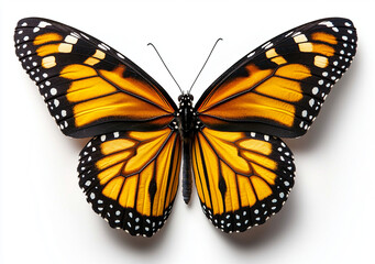 Fototapeta premium Monarch butterfly with vibrant orange and black wings, isolated on white background, showcasing intricate patterns and details