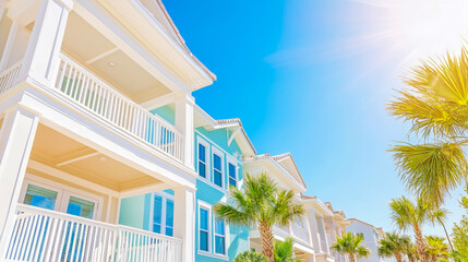 Summer house row under bright sun: Coastal living dream for property, housing and family vacation advertising and web, banner, social media usage