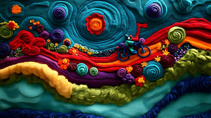 A colorful felted landscape shows a bicycle rider in creative art