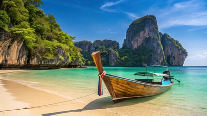 Obraz premium Ao Nang Beach Island Cliff Seascape Krabi Thailand Andaman Sea Serene beach scene featuring a traditional boat and dramatic rock formations under a bright sky.