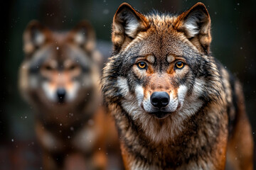 Obraz premium Majestic wolves in snowy forest, showcasing their intense gaze and wild beauty. scene captures essence of nature wilderness and strength of these magnificent creatures