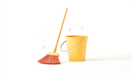 Broom and bucket cleaning equipment isolated on a white background.  Mock up