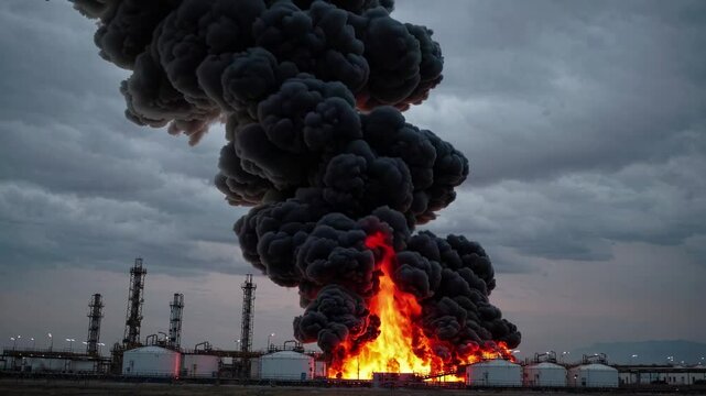 Flames and thick black smoke billowing from a burning oil refinery highlight the dangers of air pollution and the severe environmental damage caused by industrial accidents