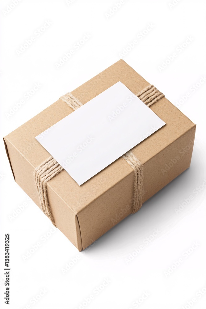 Poster Cardboard box tied with string with blank label lying on white background