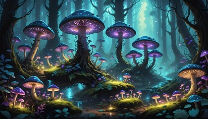 Fototapeta premium fantastical forest scene dominated by large, glowing mushrooms background suggests a dense forest with tall trees, bathed in mystical light
