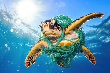 Obraz premium Sea turtle entangled in green ocean net struggling underwater in sunlight