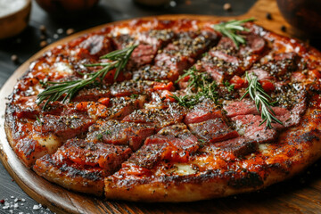Meat and herb-topped pizza on a wooden board, oozing with melted cheese, set against a rustic background with blurred dining table items.