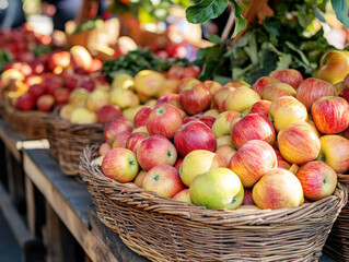 Fresh apples in woven baskets at vibrant farmers market