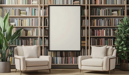 Beige Armchairs and Wooden Bookshelves in a Modern Library Interior