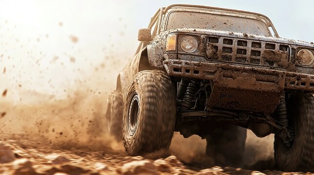 Offroad racing adventure muddy terrain action shot outdoor environment low angle view rugged vehicle