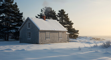 Winter Coastal Cottage Scene with Frosted Windows And A Smoking Chimney