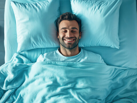 Smiling man enjoying a cozy morning in light blue bedding