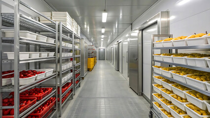 A cool, organized storage facility showcasing vibrant red tomatoes and bright yellow produce in neat rows, bathed in clean, bright light.