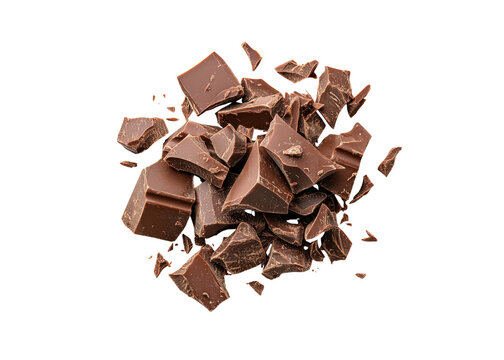 Pile of dark chocolate chunks on a transparent background. Concept of sweets, dessert, and confectionery.