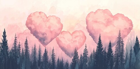 A forest scene with heart-shaped clouds is depicted in a whimsical watercolor illustration, symbolizing a strong vow of love