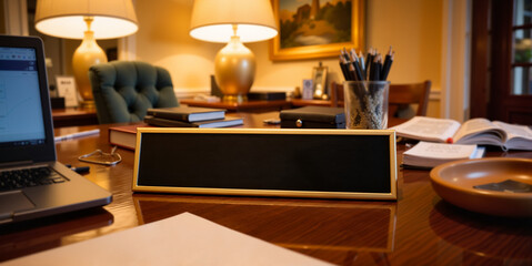 Elegant workspace with laptop, stationery, and warm ambiance  