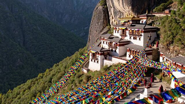 Colorful prayer flags decorating the hillside of taktsang monastery in paro valley, bhutan, as monks gather in celebration, highlight the vibrant spirituality against the himalayan backdrop
