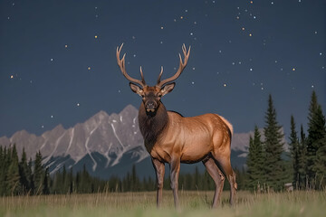 A magnificent elk stands proudly beneath a starry evening sky