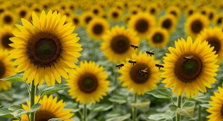 Obraz premium A vibrant field of sunflowers basks in the sunlight as honeybees buzz around, collecting pollen and nectar from the blooming flowers.
