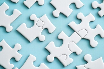 White puzzle pieces scattered on a light blue surface