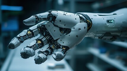 Fototapeta premium Revolutionary robotic prosthetic hand enhancing mobility tech lab product showcase futuristic close-up view innovation