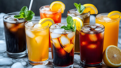 Assorted iced beverages in glasses with lemon and mint, featuring soft drinks and juices on a marble surface.