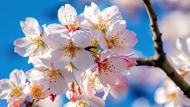 Close up on a spring sakura blossoms on blue sky background 